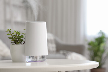 Air humidifier with plant on table in living room, closeup