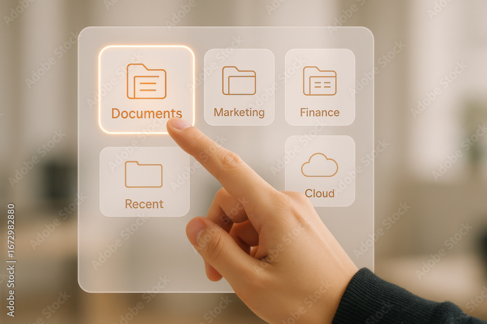 Poster hand selecting digital folder icon on transparent screen with business categories