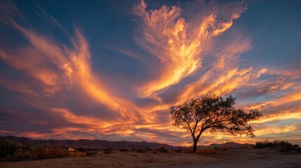 Obraz premium Breathtaking Sunset Over Desert Landscape with Lonely Tree Silhouette
