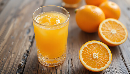 A refreshing glass of orange juice with whole oranges placed on a wooden table.
