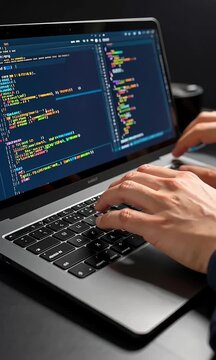 Hands typing on a laptop with code on screen