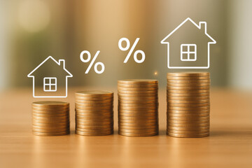 Stacked coins with house icons and percentage symbols showing financial growth concept