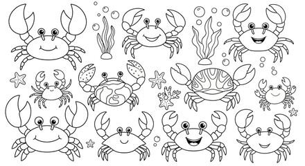 Playful Cartoon Crabs with Seaweed and Starfish in an Underwater Scene, Isolated White Background