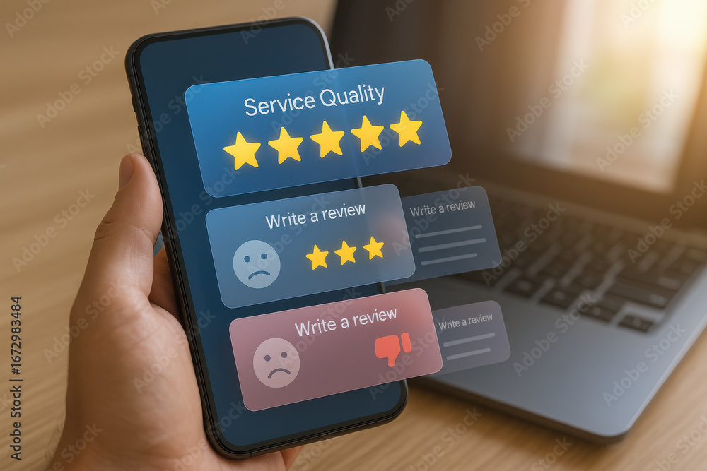 Poster service quality rating with positive and negative feedback on smartphone screen