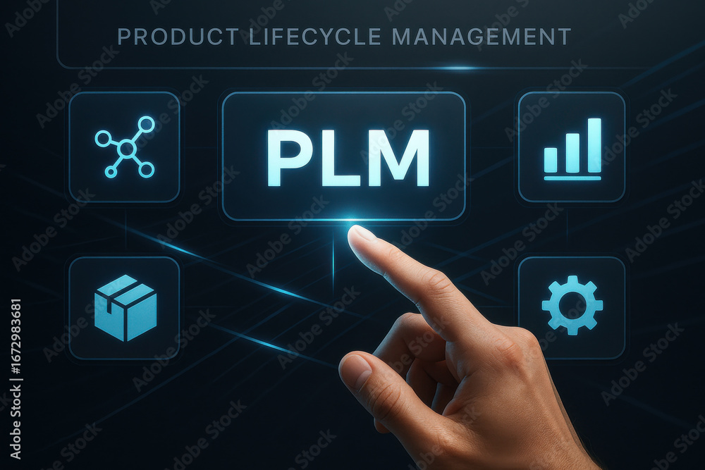 Poster hand pointing at digital interface with product lifecycle management icons and plm text