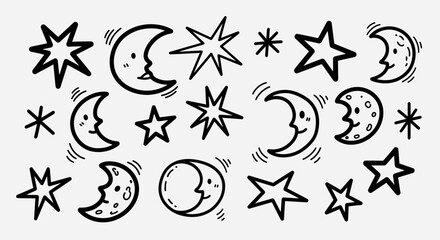 Collection of Hand-Drawn Moon and Star Celestial Shapes Doodles on Light Background