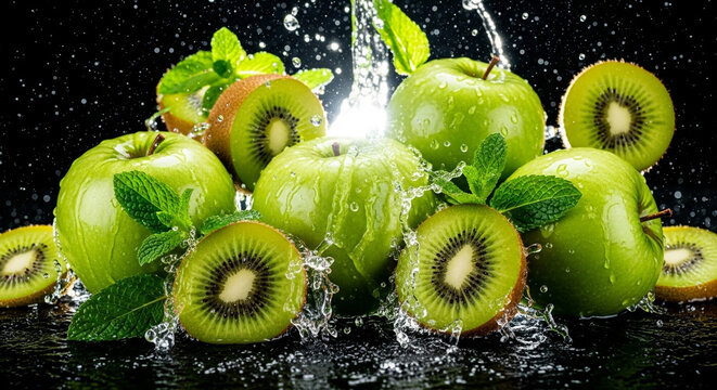 Fresh green apples and kiwi fruit with water splash healthy eating diet food nutrition