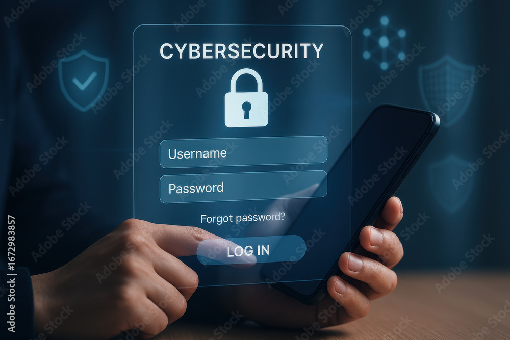 Poster cybersecurity login screen with password protection on smartphone for secure access