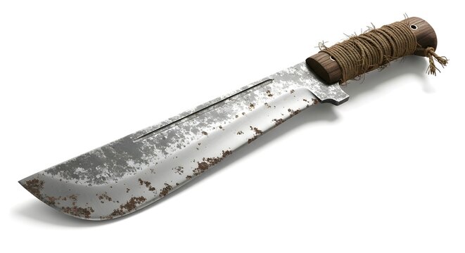 A worn, rusty machete with a wrapped handle, lying on a white surface, casting a shadow. - Powered by Adobe