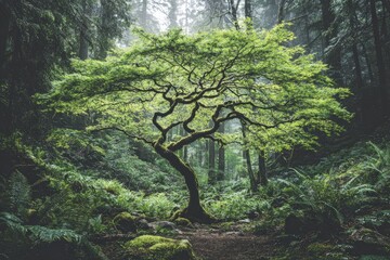 Luminous Ancient Tree In Misty Forest