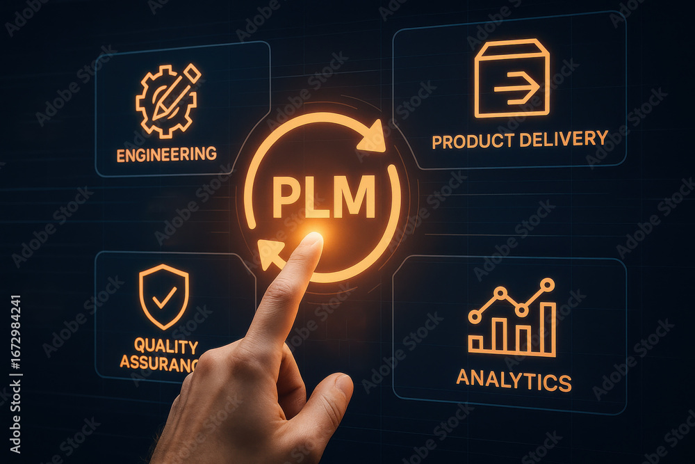 Poster plm concept with hand pointing digital interface showing engineering, delivery, quality
