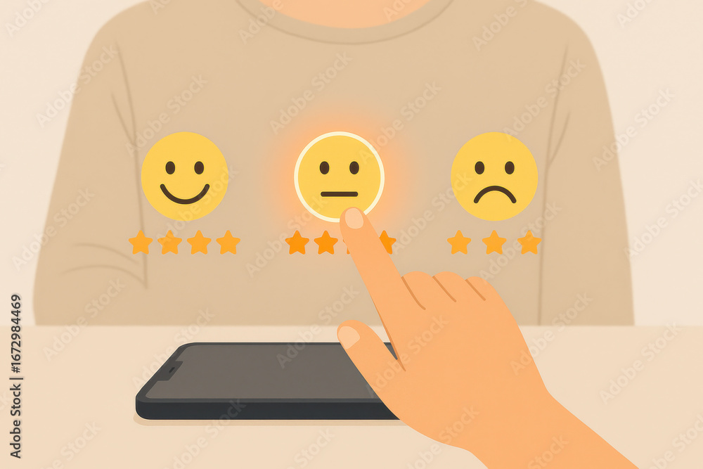 Poster Neutral face rating selection on digital feedback interface with hand