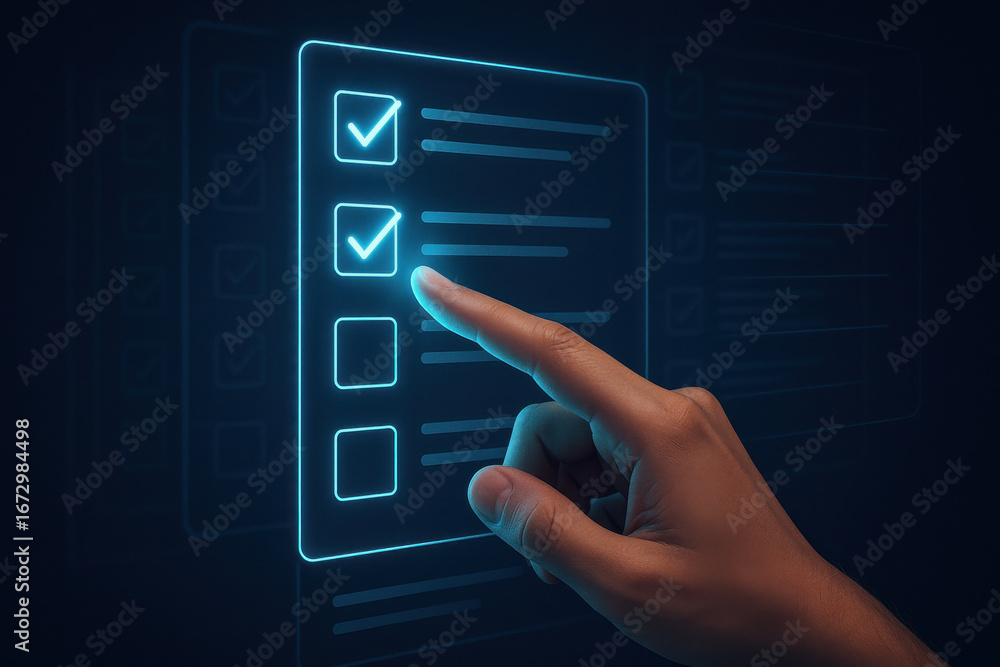 Poster hand selecting options digital checklist interface with glowing blue checkboxes and dark
