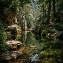 Serene forest pool reflecting lush greenery