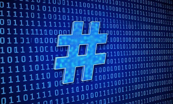 Hashtag symbol on binary code background