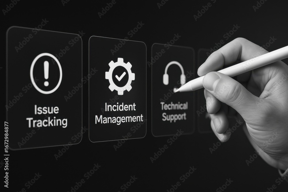 Poster hand holding stylus pen pointing technical support icon digital screen with issue tracking