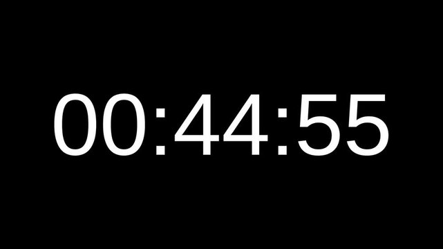 Countdown timer from 45 minute to 44 minute with white number on black background. Countdown timer for deadline reminders, time management concepts, and scheduling