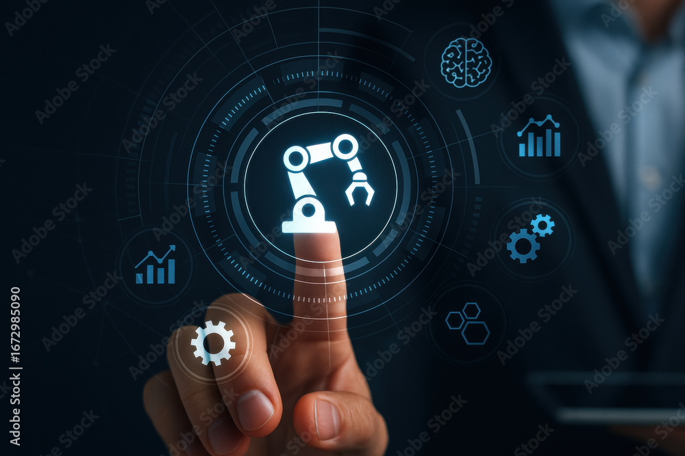 Poster industrial robotic arm icon with finger pointing on digital interface, automation concept