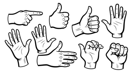 Obraz premium Various Hand Gestures Doodle Set, Black and White Communication Symbols on Isolated White Background
