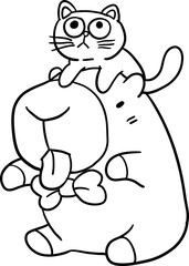 Cartoon Capybara and black cat hand drawn line art black and white coloring
