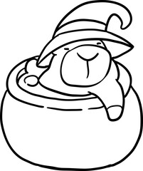 Cartoon Capybara Witch in a Cauldron Illustration hand drawn line art black and white coloring