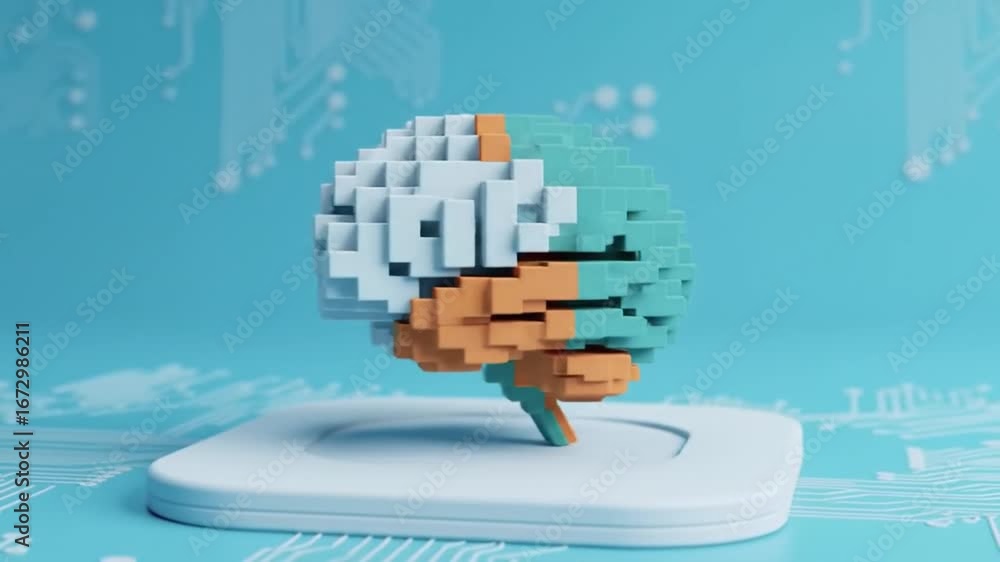 Aufkleber digital pixel brain on a platform with circuitry on light blue background