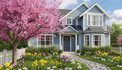 A two-story house in a suburban setting with blue siding and white trim, surrounded by a vibrant garden with a prominent pink-blossomed tree in the foreground in springtime setting with flowers