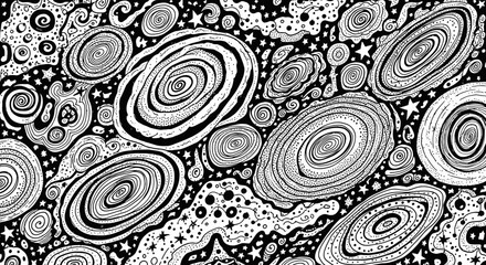 Abstract Doodle Art Pattern with Swirls and Dots, Black and White, Hand Drawn Style on Isolated White Background