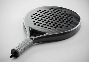 Sleek black carbon fiber padel racket for professional paddle tennis, isolated on a clean white studio background