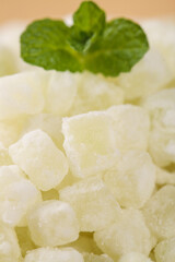 Candied Winter Melon Cubes with Mint - Traditional Crystallized Asian Confectionery Display