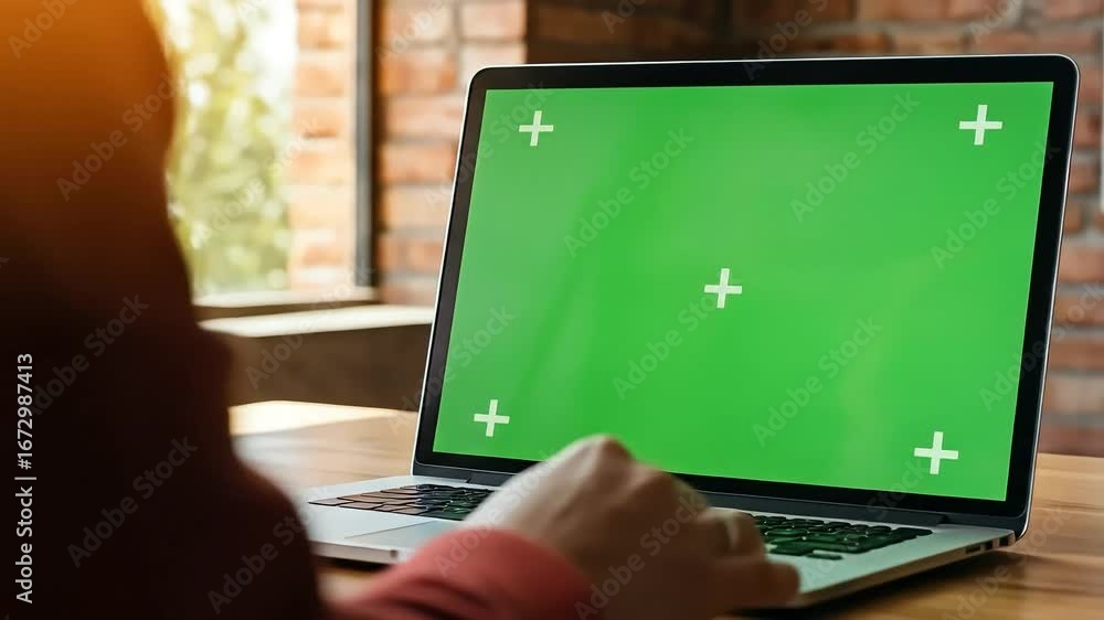 Wall mural person using computer with green screen display