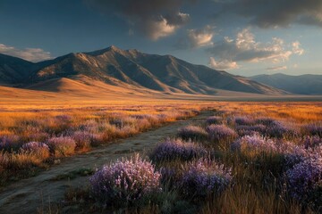 Fototapeta premium Golden hour illuminates a vast, purple-flowered valley nestled between majestic mountains