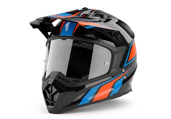 Sleek full-face motocross helmet with vibrant orange and blue graphics, designed for off-road adventure and racing, isolated on a white background