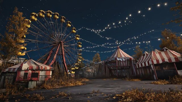 Eerie Abandoned Carnival at Night with a Dilapidated Ferris Wheel and Faint String Lights, Spooky Halloween Background.