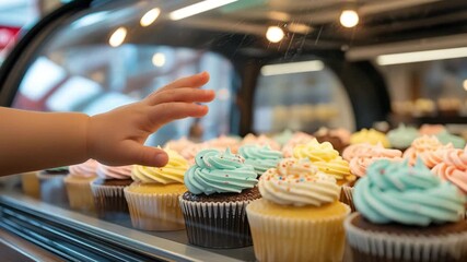 Toddler's hand reaching for colorful cupcakes in a display case baby child