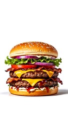 Towering Triple Bacon Cheeseburger with Melted Cheese, Fresh Lettuce, Tomato, and Red Onion on White