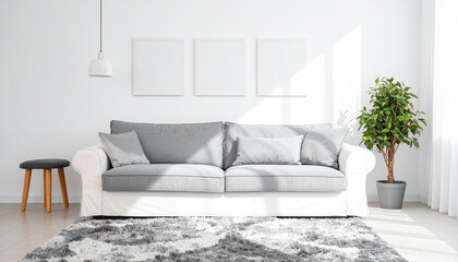 Mockup poster frame Modern Interior with Cozy Couch: A serene interior scene features a stylish, comfortable couch as the focal point, adorned with decorative pillows.