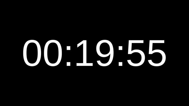 Countdown timer from 20 minute to 19 minute with white number on black background. Countdown timer for deadline reminders, time management concepts, and scheduling