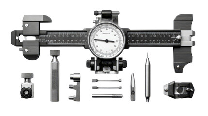 Precision toolset with vernier caliper in center background isolated on a Transparent background, PNG file.