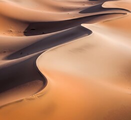 Minimalist aerial view of a desert with soft sand dunes, abstract flowing lines and curves, natural textures resembling modern abstract art, warm earthy tones