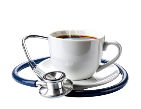 Realistic Stethoscope Wrapped Around Coffee Mug, Doctor’s Break Theme, Isolated PNG