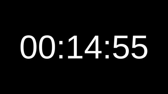 Countdown timer from 15 minute to 14 minute with white number on black background. Countdown timer for deadline reminders, time management concepts, and scheduling