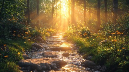 Obraz premium Sunlit Forest Stream: Golden Light Rays Illuminate Tranquil Path