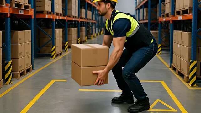 Safety First: Male Worker Demonstrating Correct Lifting Posture with Boxes in a Modern Warehouse Environment