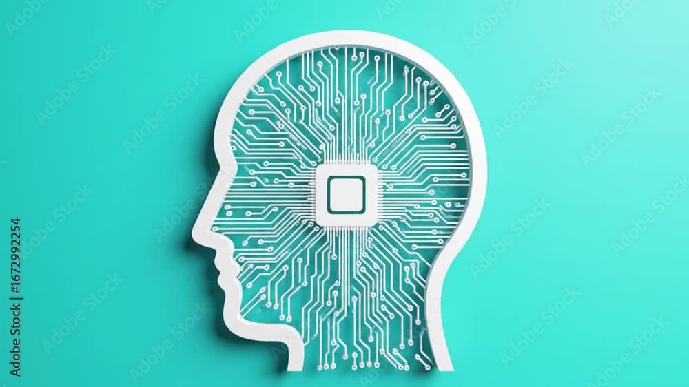 Aufkleber white brain profile with circuit board pattern on teal background