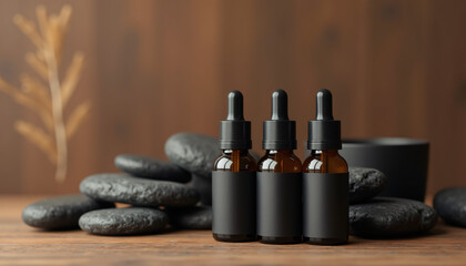 Amber Dropper Bottles with Black Labels and Black Stones.