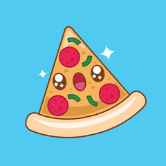 Hand drawn cute kawaii pizza cartoon character illustration