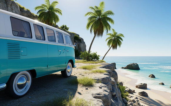 Fototapeta Retro Camper Van Parked On Cliff Above Tropical Beach