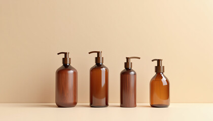Four Amber Glass Dispenser Bottles.