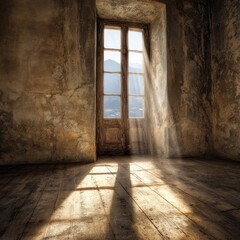 Fototapeta premium Sunbeams illuminate a rustic room's wooden floor through an aged window